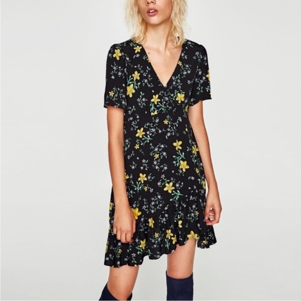 Zara Black Floral V-Neck Ruffle Hem Dress with Yellow Flowers